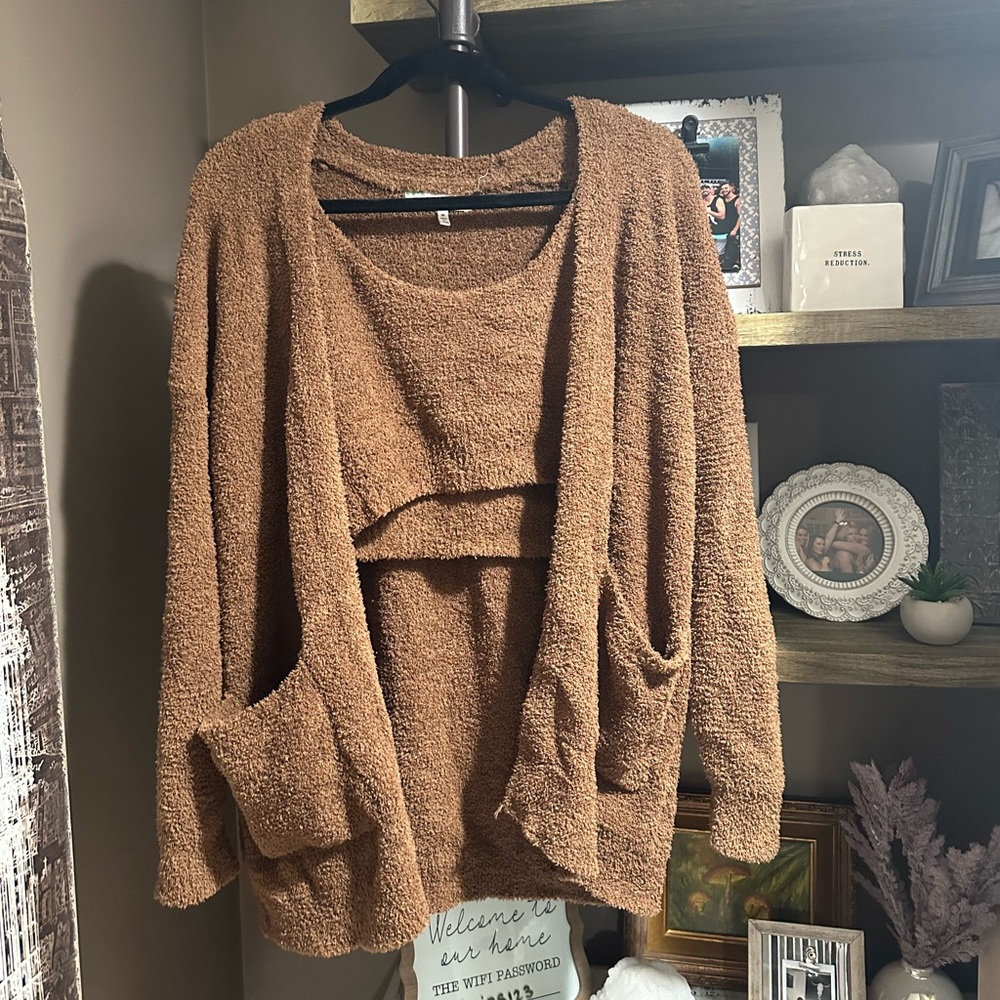 Medium brown fuzzy tank and matching cardigan! Worn once, both size medium!